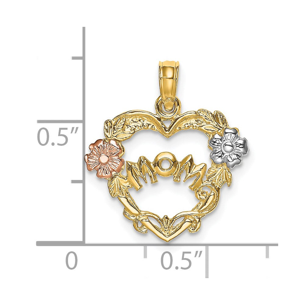 14K Bicolor mit Weiß Rhodium Mama Herz mit Blume Charm