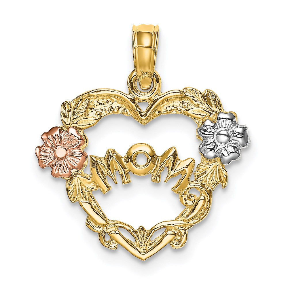 14K Bicolor mit Weiß Rhodium Mama Herz mit Blume Charm