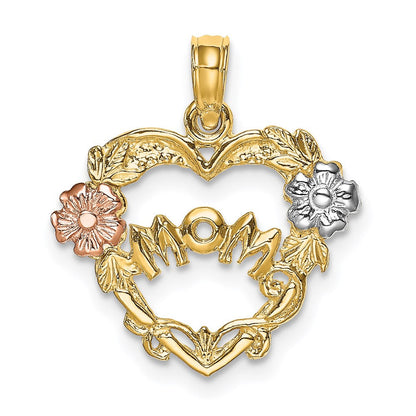 14K Bicolor mit Weiß Rhodium Mama Herz mit Blume Charm
