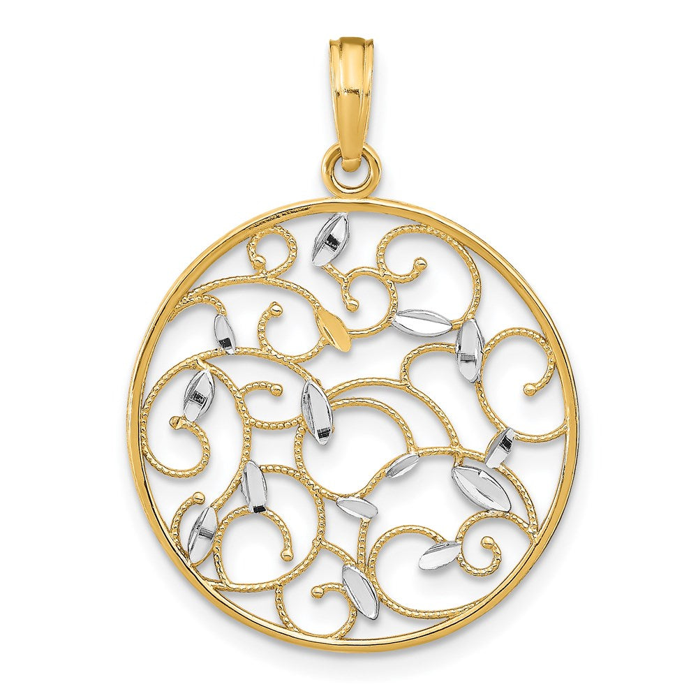 14K Gelb & Rhodium mit Rhodium Blumen Medallion Anhänger Charm