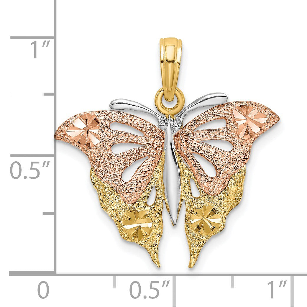 14K Bicolor Gold Zweifarbig Gold- und Weiß-Rhodium Diamantschliff Schmetterling-Charm