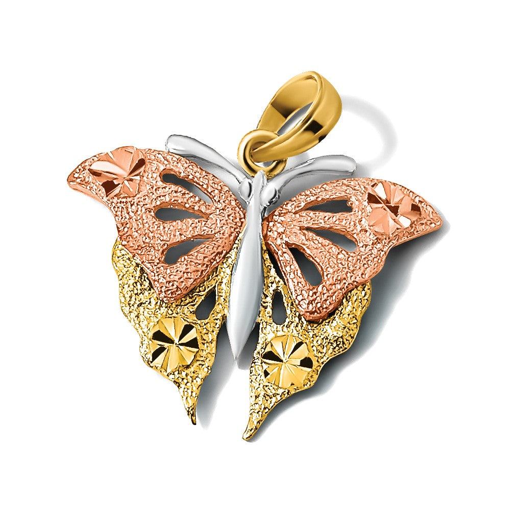 14K Bicolor Gold Zweifarbig Gold- und Weiß-Rhodium Diamantschliff Schmetterling-Charm