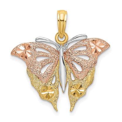 14K Bicolor Gold Zweifarbig Gold- und Weiß-Rhodium Diamantschliff Schmetterling-Charm