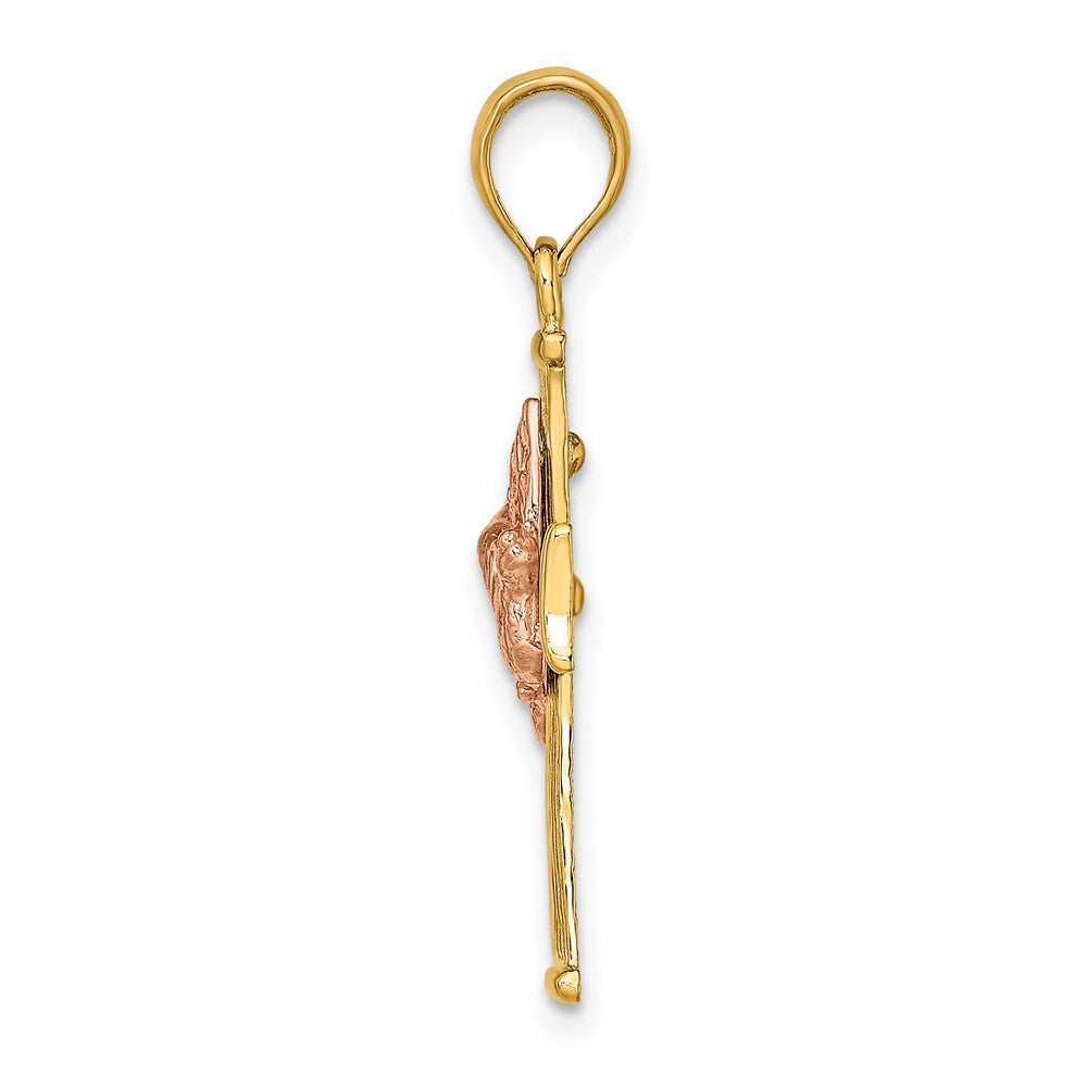 14K Bicolor-Gold Kreuz mit Taube-Charm, strukturierte Oberfläche