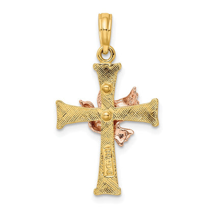 14K Bicolor-Gold Kreuz mit Taube-Charm, strukturierte Oberfläche