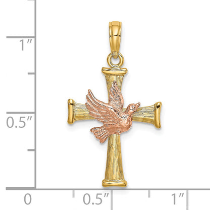 14K Bicolor-Gold Kreuz mit Taube-Charm, strukturierte Oberfläche