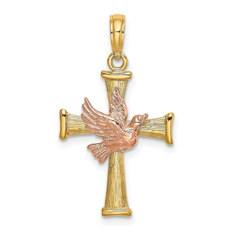 14K Bicolor-Gold Kreuz mit Taube-Charm, strukturierte Oberfläche