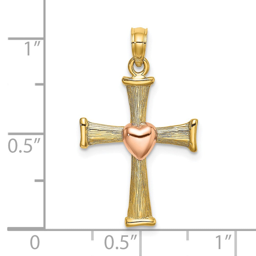 14K Bicolor Strukturiert Finish Kreuz mit Herz Charm