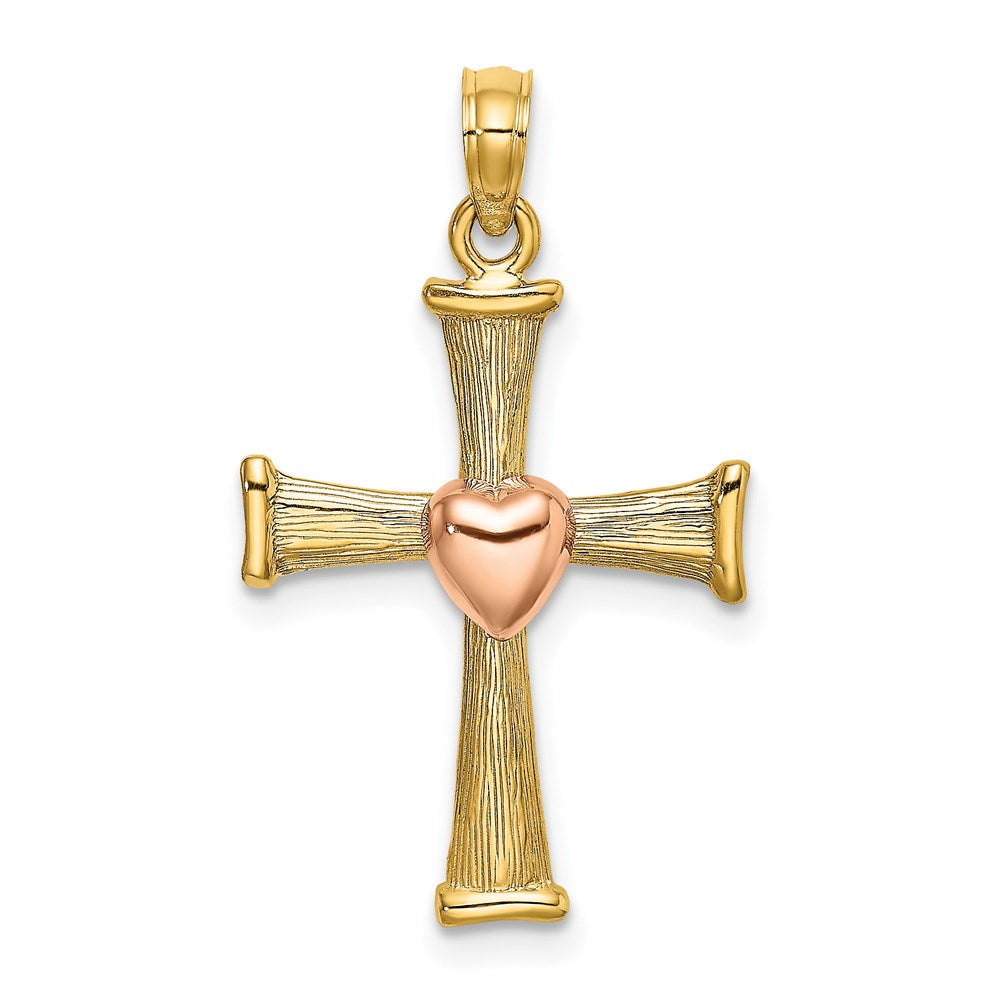 14K Bicolor Strukturiert Finish Kreuz mit Herz Charm
