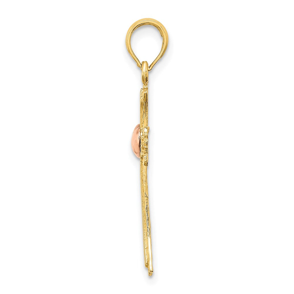 14K Bicolor Strukturiert Kreuz mit Herz Charm