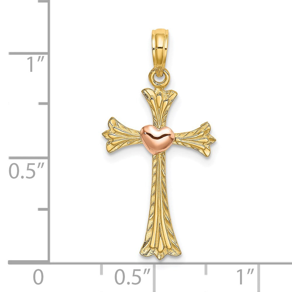 14K Bicolor Strukturiert Kreuz mit Herz Charm