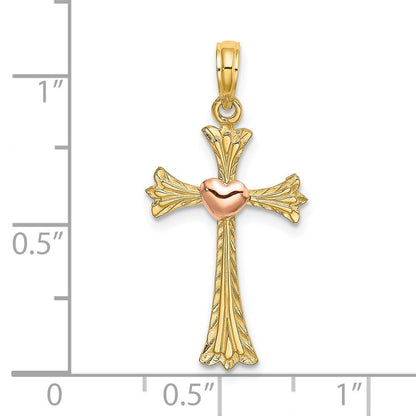 14K Bicolor Strukturiert Kreuz mit Herz Charm