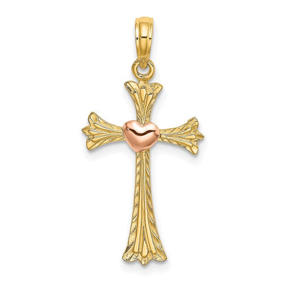 14K Bicolor Strukturiert Kreuz mit Herz Charm