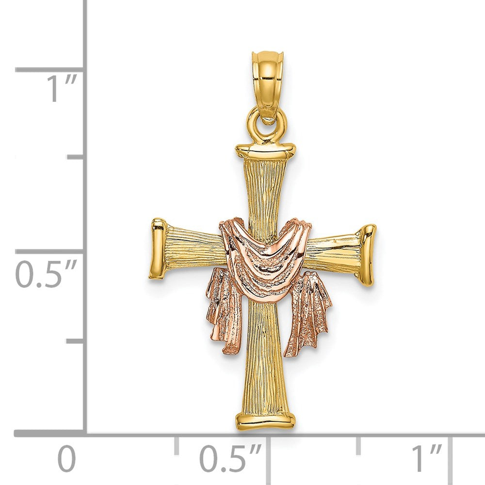 14K Bicolor 14l Strukturiert Finish Kreuz mit Drape Charm