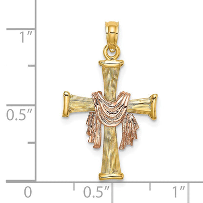 14K Bicolor 14l Strukturiert Finish Kreuz mit Drape Charm