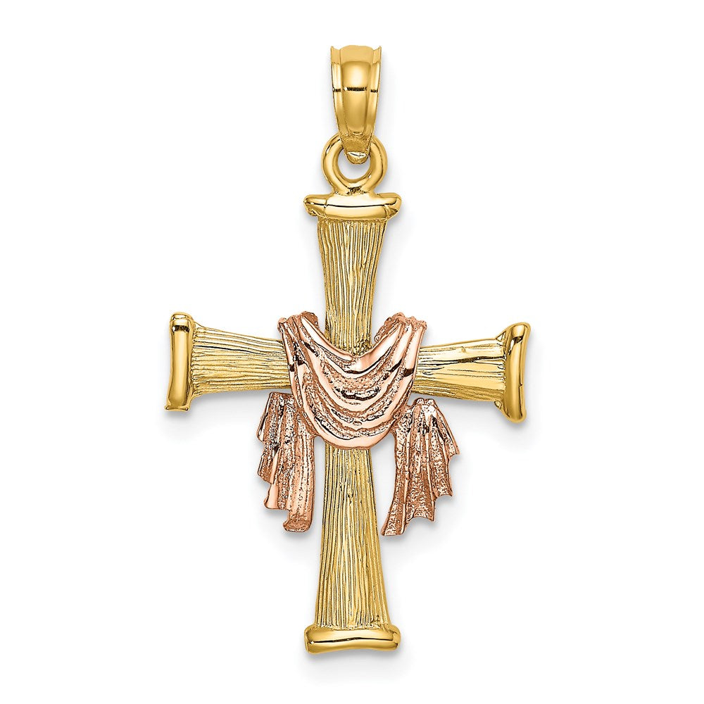 14K Bicolor 14l Strukturiert Finish Kreuz mit Drape Charm