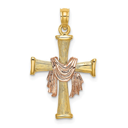 14K Bicolor 14l Strukturiert Finish Kreuz mit Drape Charm