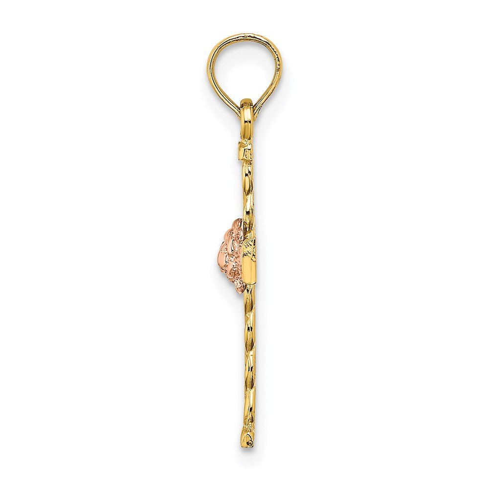 14K Bicolor Gedreht Kreuz mit Blume Charm
