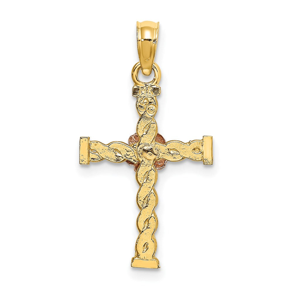14K Bicolor Gedreht Kreuz mit Blume Charm