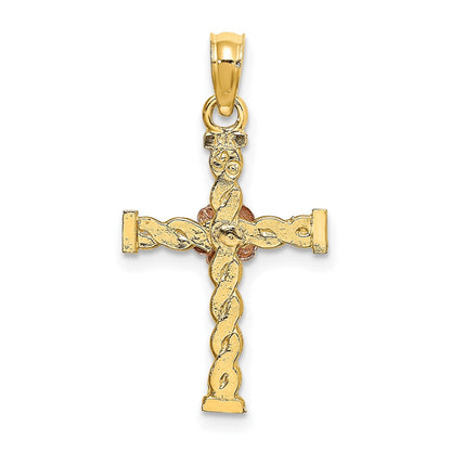 14K Bicolor Gedreht Kreuz mit Blume Charm