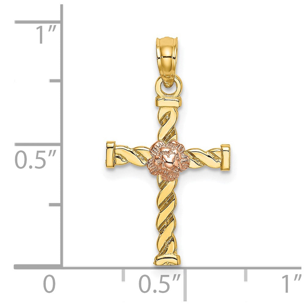 14K Bicolor Gedreht Kreuz mit Blume Charm
