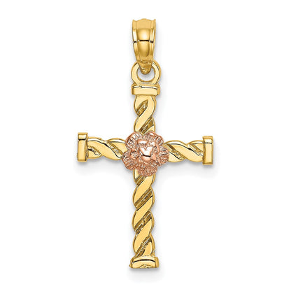 14K Bicolor Gedreht Kreuz mit Blume Charm