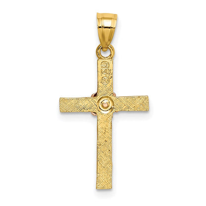 14K Bicolor Strukturiert Kreuz mit Blume Charm