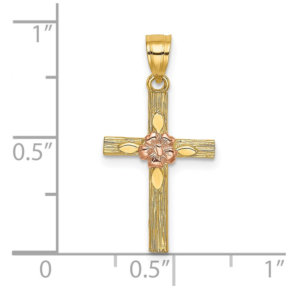 14K Bicolor Strukturiert Kreuz mit Blume Charm