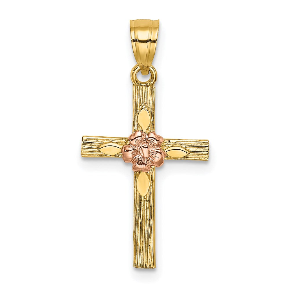 14K Bicolor Strukturiert Kreuz mit Blume Charm