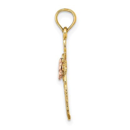 14K Bicolor Ausgeschnitten Kreuz mit Blume Charm