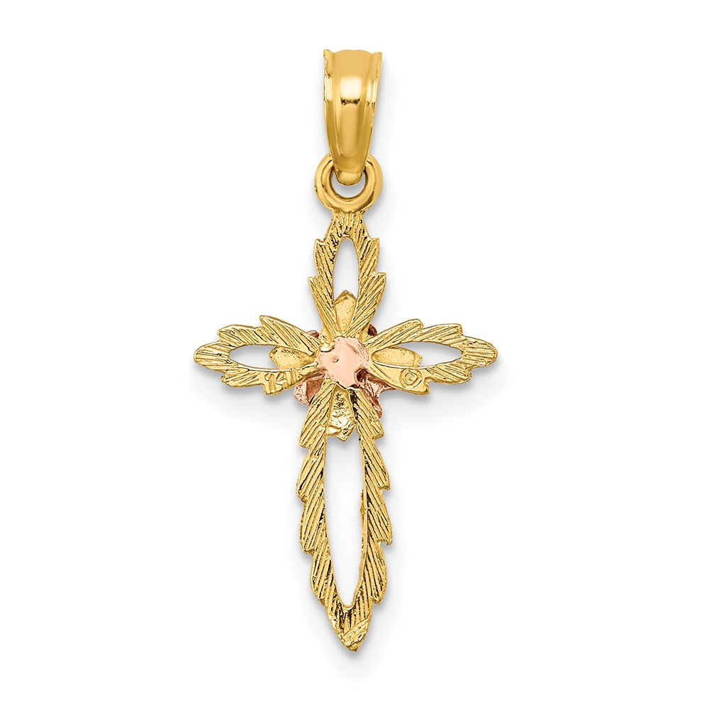 14K Bicolor Ausgeschnitten Kreuz mit Blume Charm
