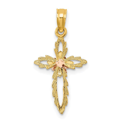 14K Bicolor Ausgeschnitten Kreuz mit Blume Charm
