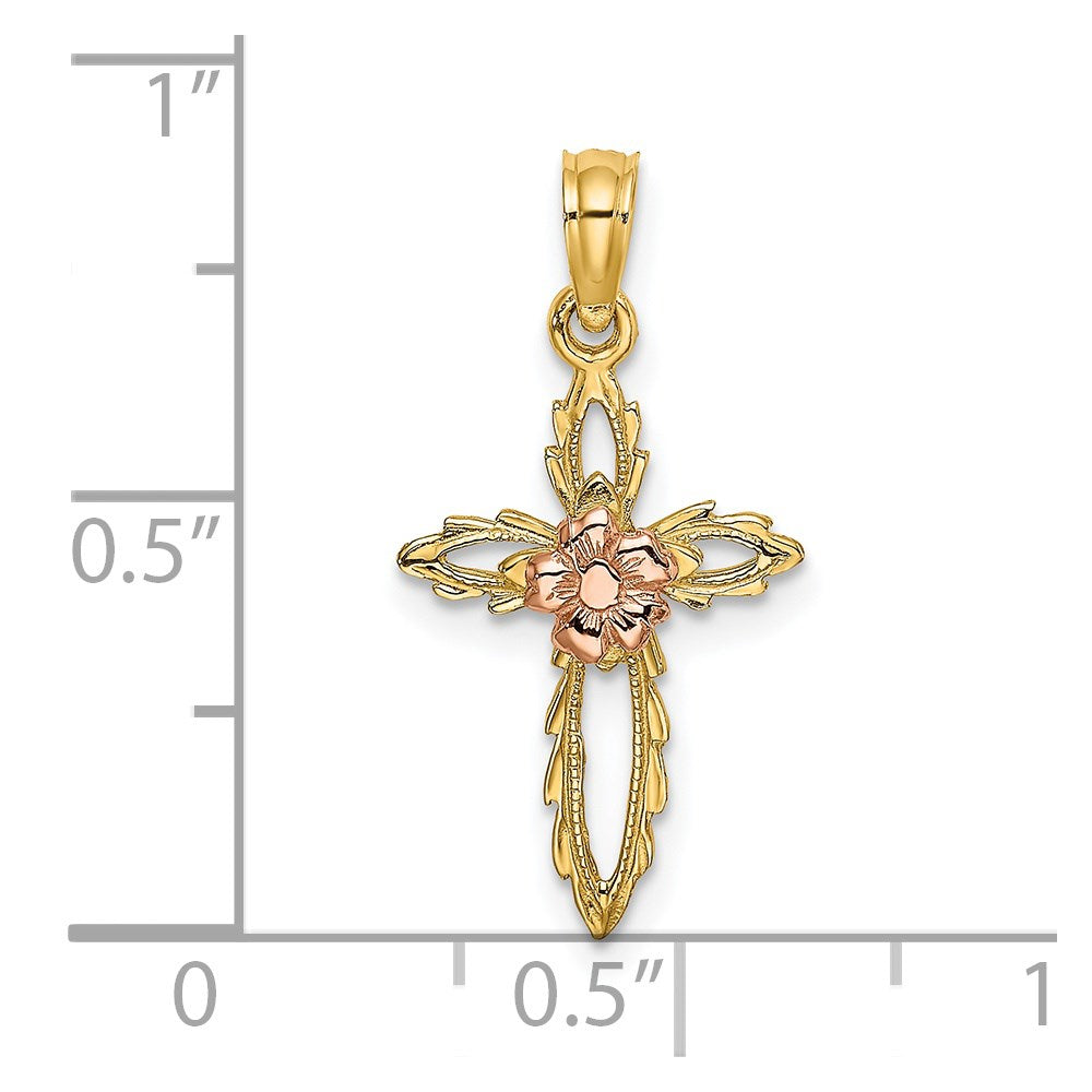 14K Bicolor Ausgeschnitten Kreuz mit Blume Charm