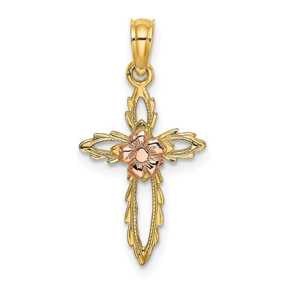 14K Bicolor Ausgeschnitten Kreuz mit Blume Charm