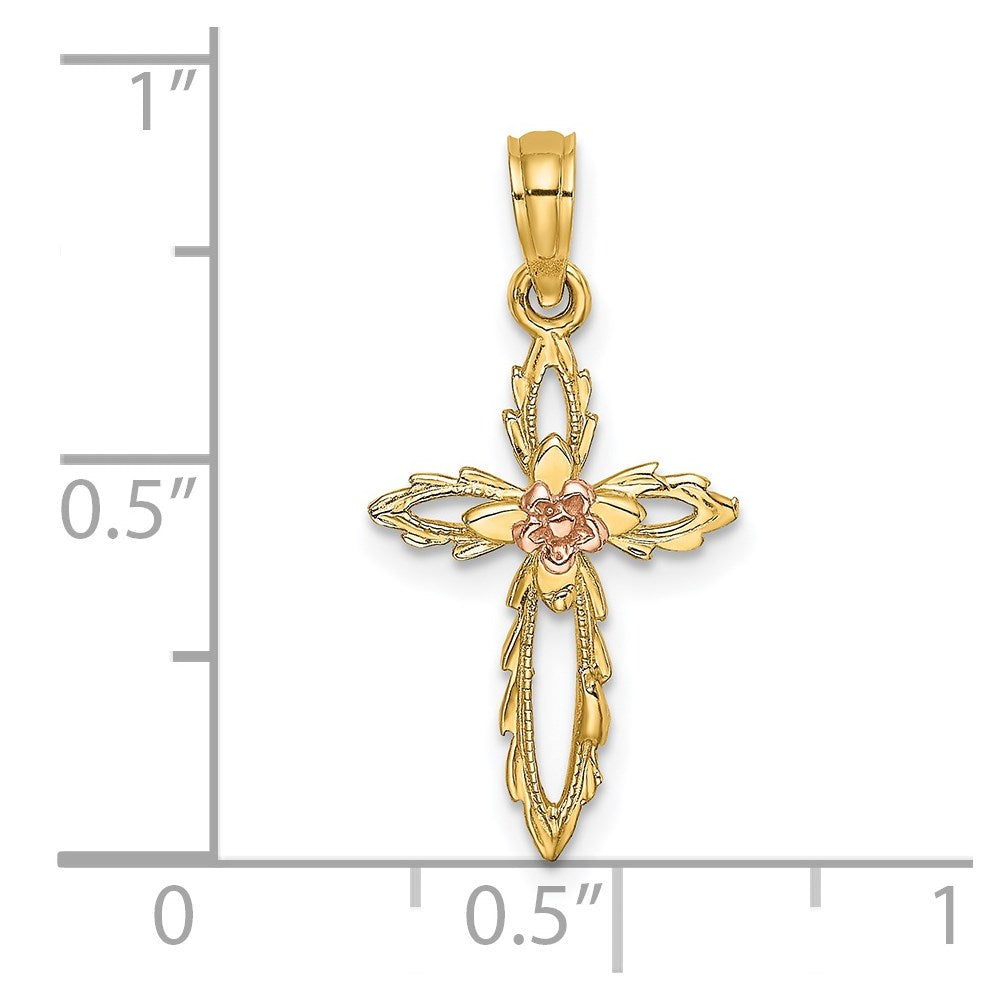 14K Bicolor Kreuz mit Ausgeschnitten Blume Charm