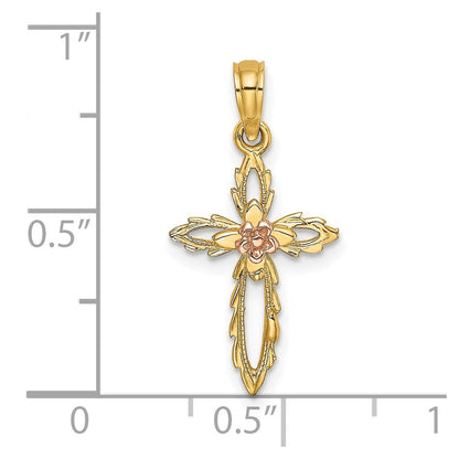 14K Bicolor Kreuz mit Ausgeschnitten Blume Charm