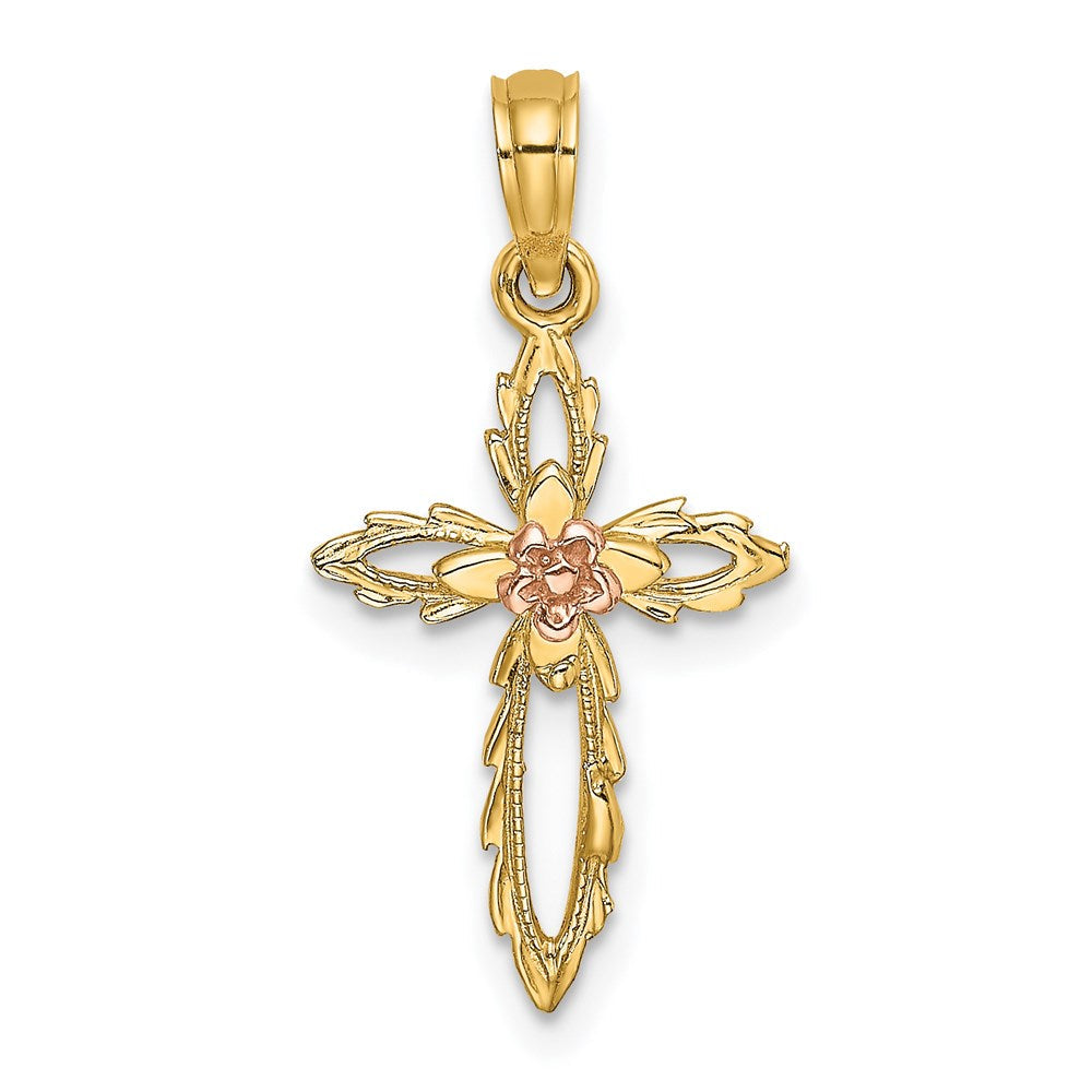 14K Bicolor Kreuz mit Ausgeschnitten Blume Charm