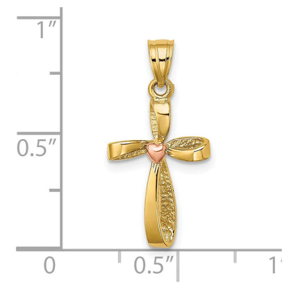 14K Bicolor Gedreht Kreuz mit Herz Charm