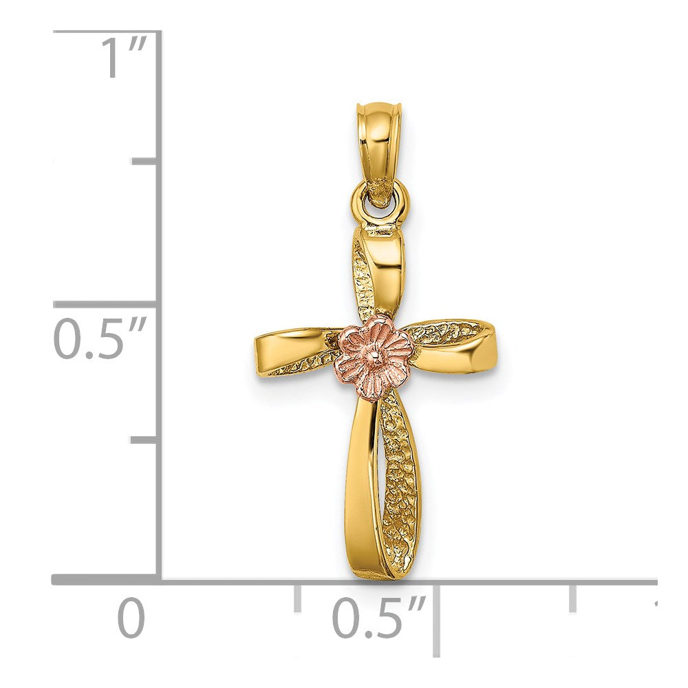14K Bicolor Gedreht Kreuz mit Herz Charm