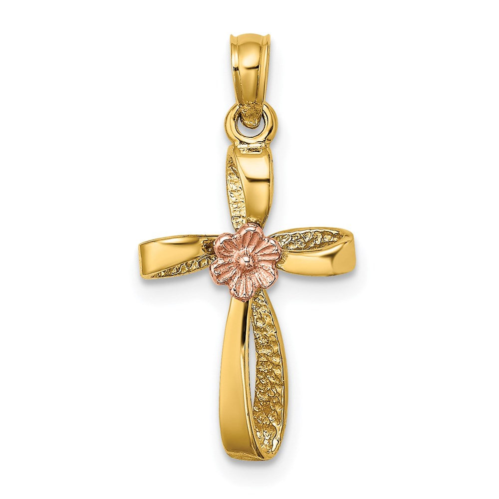 14K Bicolor Gedreht Kreuz mit Herz Charm
