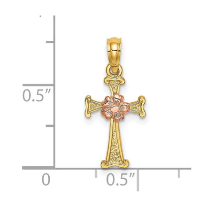 14K Bicolor Kreuz mit Blume Charm