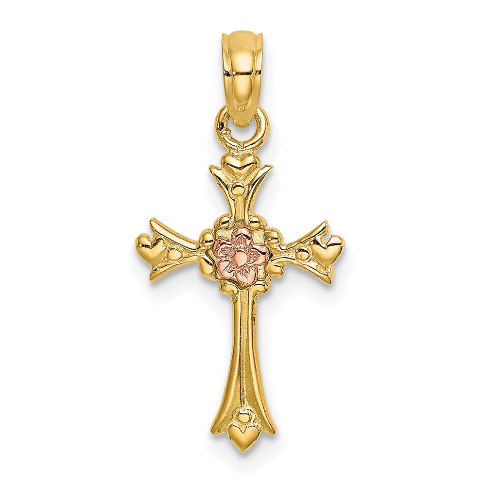 14K Bicolor Kreuz mit Blume Charm