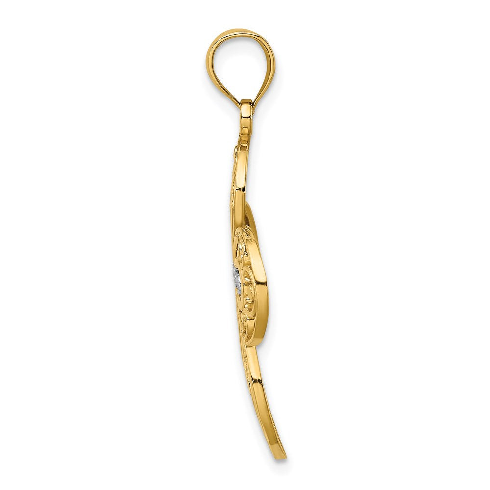 14K Gelb- und Rhodiumgold Kreuz-Charm mit Rhodium-Diamantschliff und durchbrochenem Filigranmuster