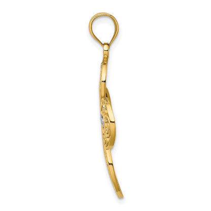 14K Gelb- und Rhodiumgold Kreuz-Charm mit Rhodium-Diamantschliff und durchbrochenem Filigranmuster