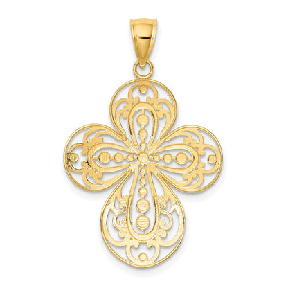 14K Gelb- und Rhodiumgold Kreuz-Charm mit Rhodium-Diamantschliff und durchbrochenem Filigranmuster