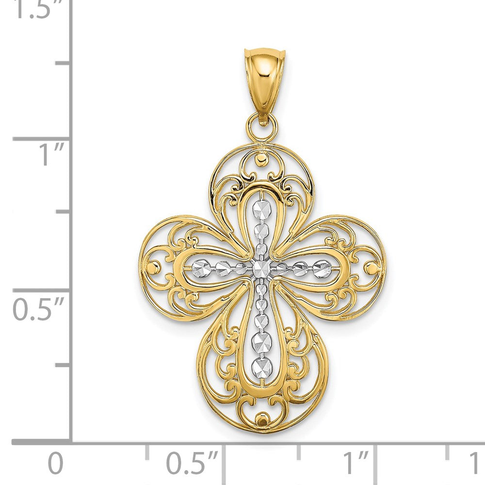 14K Gelb- und Rhodiumgold Kreuz-Charm mit Rhodium-Diamantschliff und durchbrochenem Filigranmuster