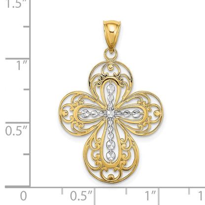 14K Gelb- und Rhodiumgold Kreuz-Charm mit Rhodium-Diamantschliff und durchbrochenem Filigranmuster