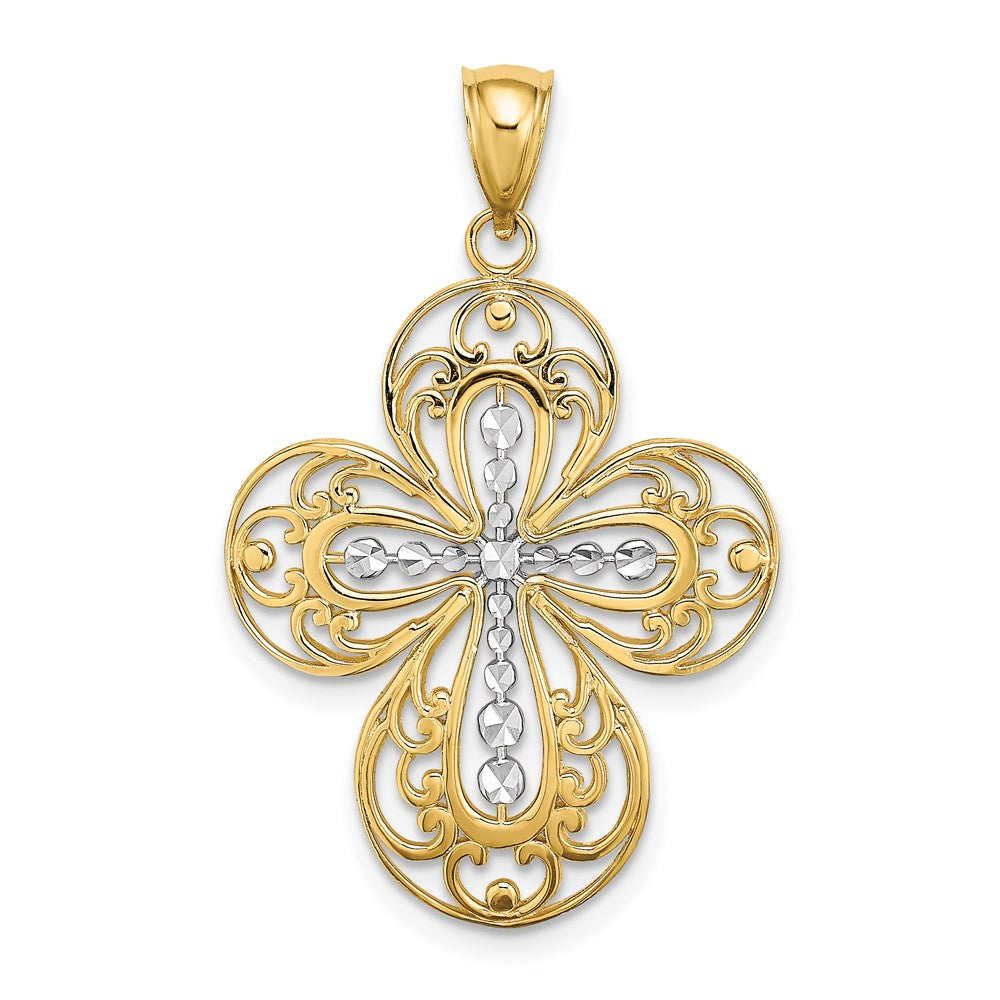 14K Gelb- und Rhodiumgold Kreuz-Charm mit Rhodium-Diamantschliff und durchbrochenem Filigranmuster
