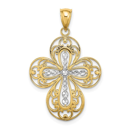 14K Gelb- und Rhodiumgold Kreuz-Charm mit Rhodium-Diamantschliff und durchbrochenem Filigranmuster