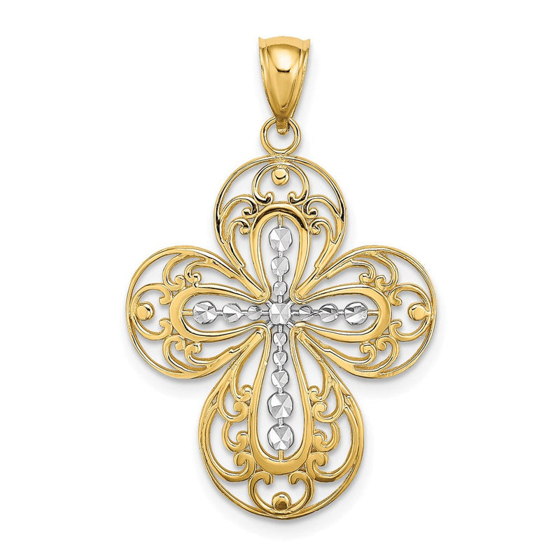 14K Gelb- und Rhodiumgold Kreuz-Charm mit Rhodium-Diamantschliff und durchbrochenem Filigranmuster
